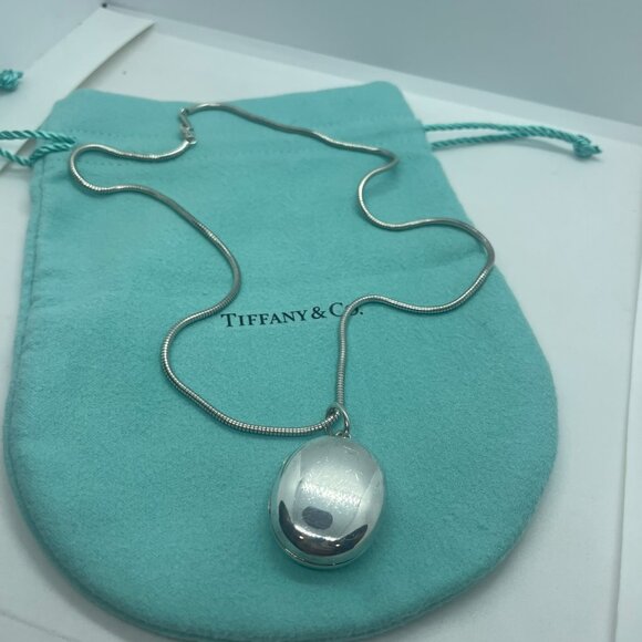 Tiffany & Co Sterling Silver Oval Locket Pendant w/ 17" Snake Chain Necklace - Picture 1 of 15